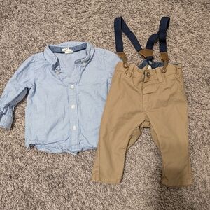 H&M Kids Set - Blue Shirt and Tan Pants with Suspenders